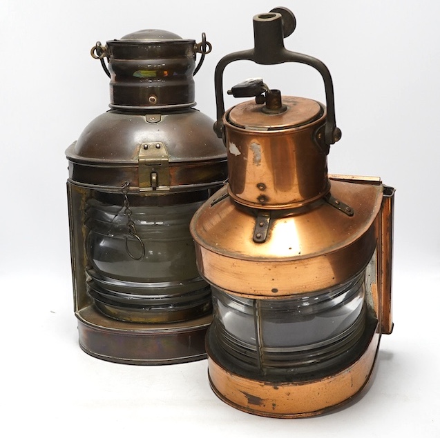 Two copper ship's bulkhead lamps, tallest 39cm. Condition - fair to good, some dents, wear etc.
